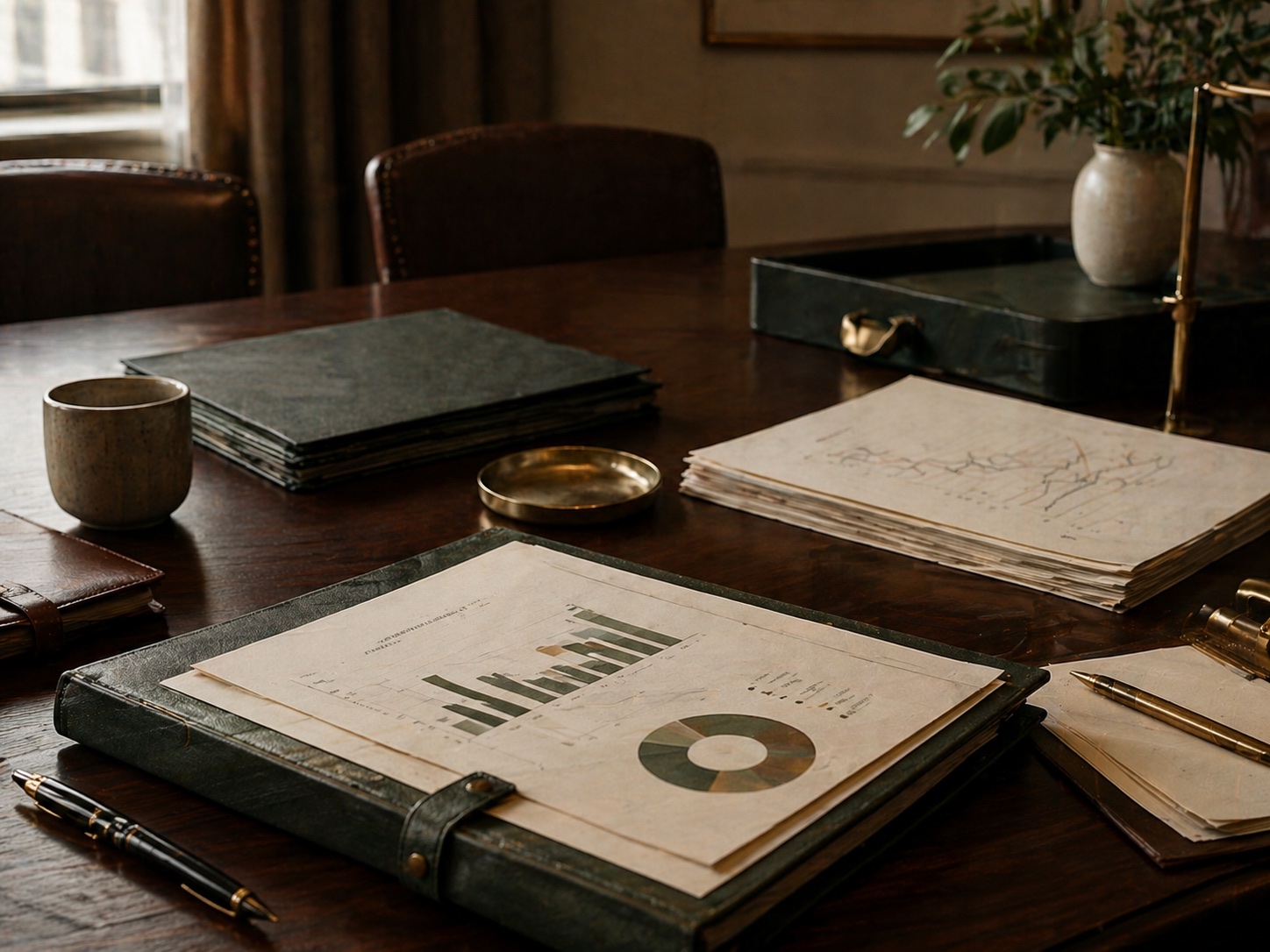 Board reporting and forecast materials on a traditional conference table