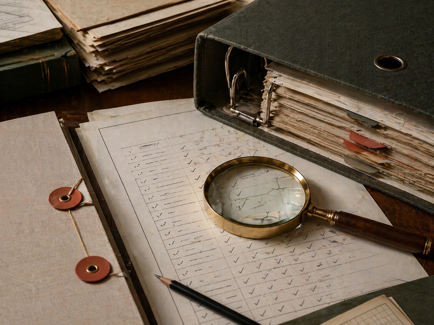 Audit binder, review sheets, and a brass magnifying glass