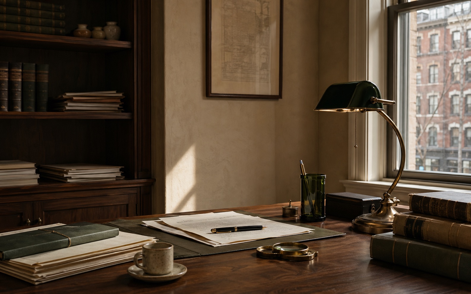 A quiet partner office with ledgers, papers, and a brass desk lamp