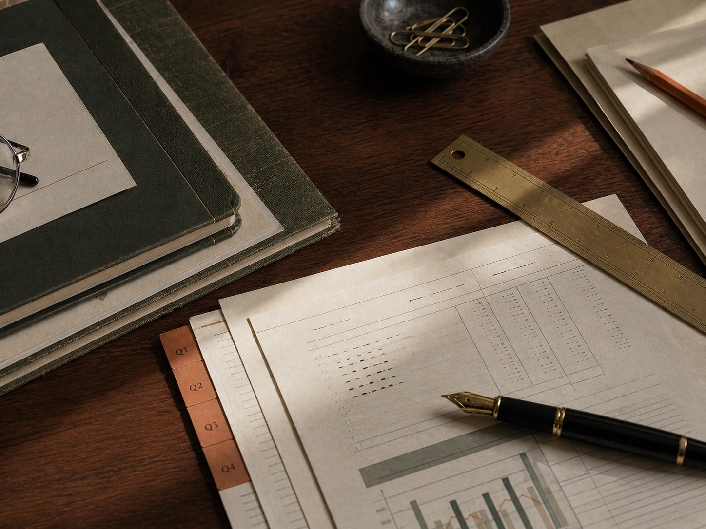 Tax planning documents arranged on a walnut desk