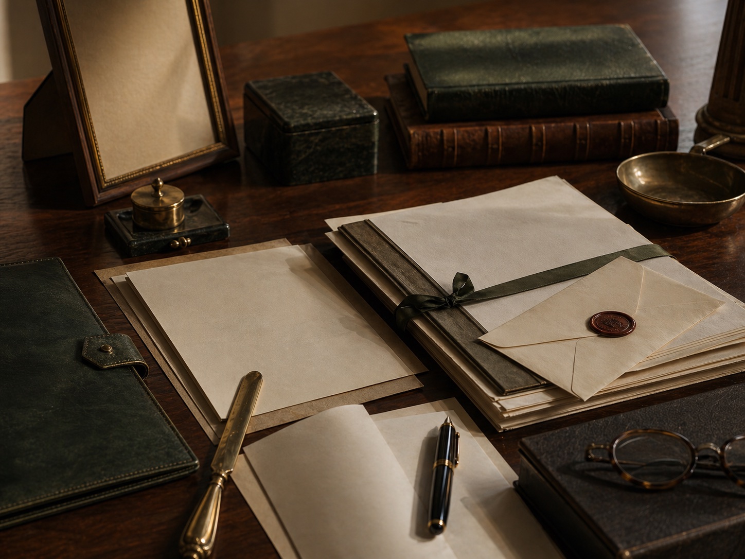 Estate planning documents, sealed envelope, and leather folios