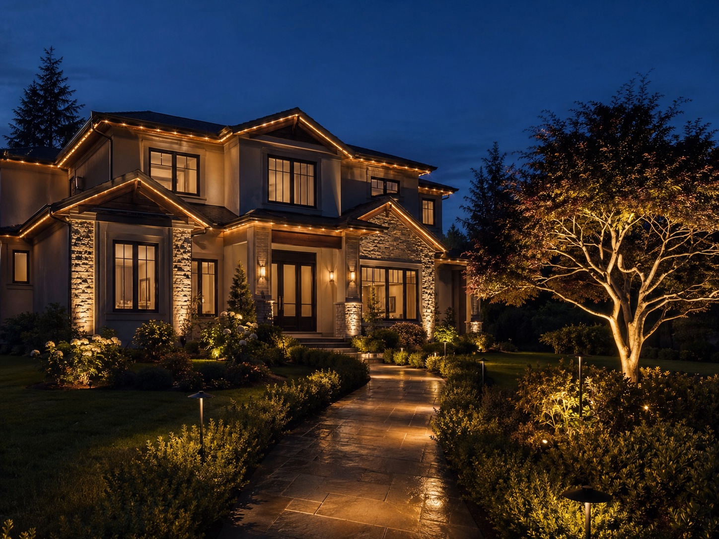 Full-property outdoor lighting with roofline, path, landscape, and tree lighting