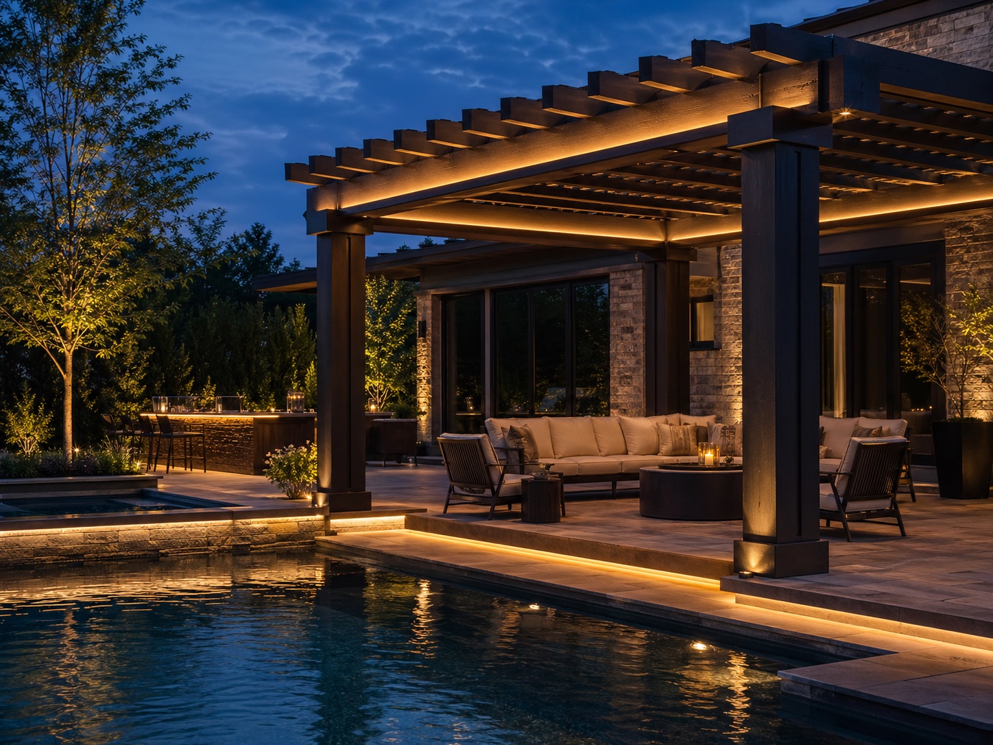 Pergola and pool patio with warm integrated outdoor lighting
