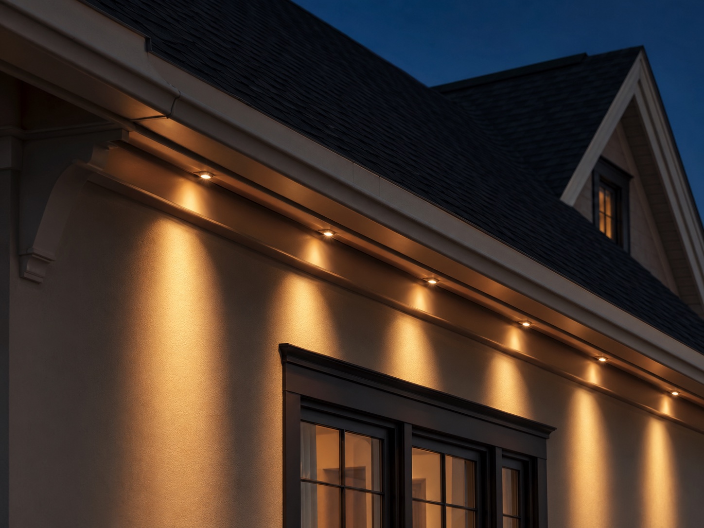 Warm permanent roofline lights tucked under residential eaves